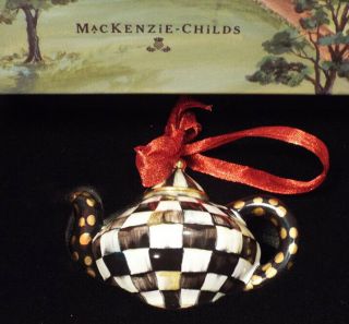Mackenzie Childs Courtly Check Ceramic Teapot Ornament 2009 Perfect Rare