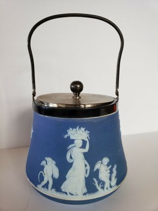 Fine Antique Wedgwood Blue Jasper Biscuit Jar - Silver Lid Handle - England