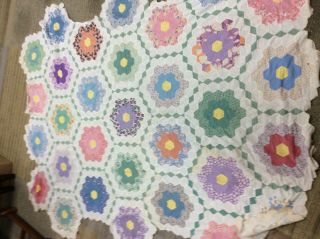 Vintage Quilt Top Grandma’s Flower Garden Hand Stitched Primitive Country Craft