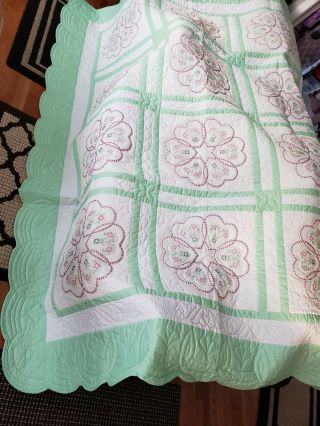 Hand Made Stitched Quilt Cross Stitch Floral White,  Green,  Pink 82 " X100 "
