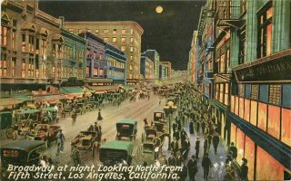 Autos Fifth Street Broadway Night C - 1910 Postcard Los Angeles California 3664
