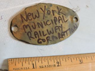 ORIG 1920s York Municipal Railway Co 2x3 Brass Builders Tag Plate NYC Subway 2