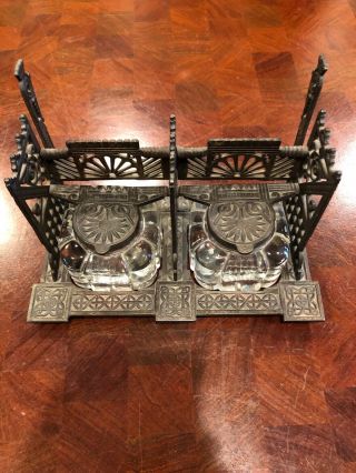 Antique Victorian Gilt Bronze Brass Double Inkwell Standish Desk Set W/ Letters