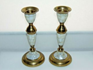 Vintage Solid Brass Candle Sticks With Pearl Inlay / Mother Of Pearl 6 3/4 "