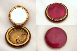 Antique Red Enamel Snuff Sniff Powder Pill Box With Mirror