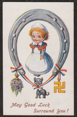 1916 Ww1 Flora White Red Cross Nurse Lucky Horseshoe Black Cat Postcard Children