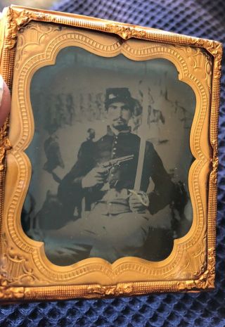 Civil War Tintype Union Soldier With Pistol & Sword And Camp Background