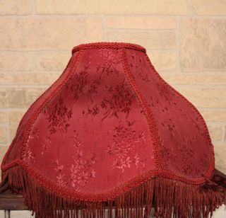 Vintage Victorian Damask Fabric Fringed Bell Shaped Lampshade Maroon Red Fringe