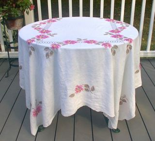 Vintage Tablecloth Off White Embroidered Cross Stitch Flowers Pink Yellow Brown