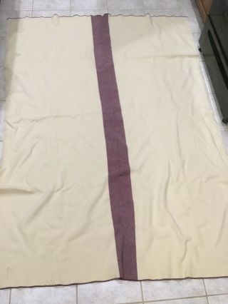 Vintage Wool Blanket Twin Size Off White W/maroon Purple Stripe Down Middle