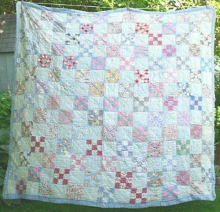 Vtg Nine Patch Hand Stitched Patchwork Quilt Feedsack Material 70 " X 74 1/2 "