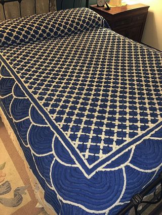 Royal Blue & White Chenille Bedspread 88 " X 96 " 100 Cotton