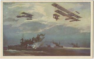 German Biplanes Above The English Fleet Aeroplanes Ww1 Patriotic Postcard (a41)