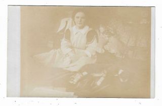 Old Real Photo Postcard Girl Sleeping Cat With Bandages On Legs Azo Stamp Box