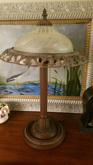 Vintage Double Light Pull Chain Tiffany Style Table Lamp W/ Frosted Glass Shade