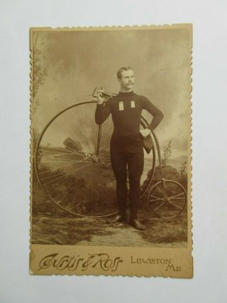 Orig.  C1880s High Wheel Bicycle Racer Cabinet Photo Curtis & Ross Lewiston Maine