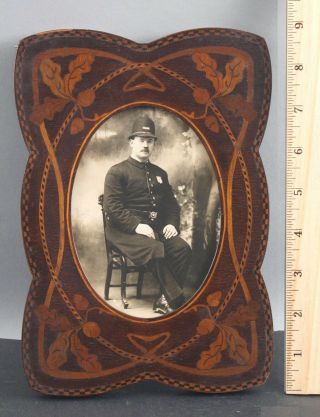 Antique 19thc Walnut Marquetry Inlaid Frame Boston Police Officer Photograph