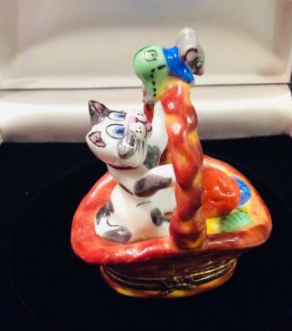 Elda Creations Limoges Trinket Box Cat Playing With A Mouse