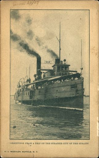 Great Lakes Steamer Ferry City Of The Straits Udb 1907 To Rw Ayers Altoona Pa