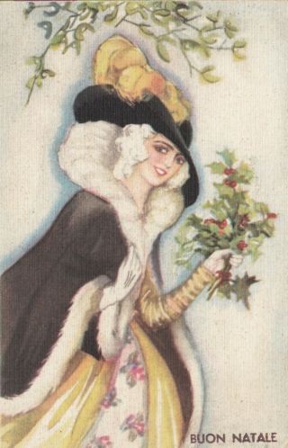 Art Deco ; Chiostri ; Woman In Cap Holding Holly,  1910 - 30s