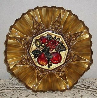 Vtg Goofus Glass Bowl Gold And Red Fruit Scalloped And Crimped Edge 8 " Diameter