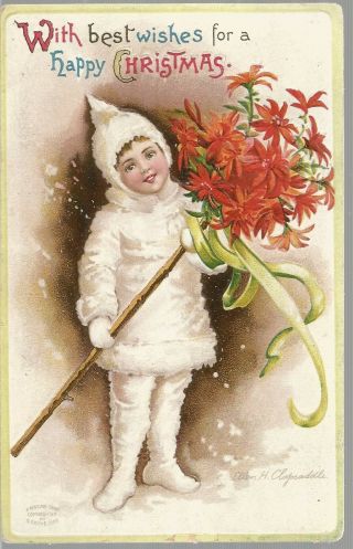 Ellen H Clapsaddle Postcard 1910c,  Child In Snow Suit Carrying Flowers