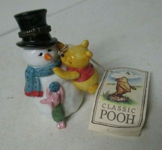 Porcelain Christmas Snowman W Winnie The Pooh & Piglet Trinket Box