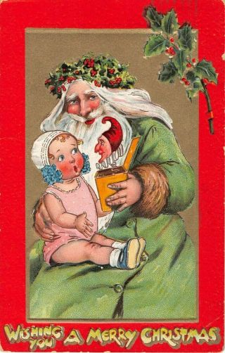 1909 Green Robe Santa With Child & Toy Wishing You Merry Christmas Postcard Tuck