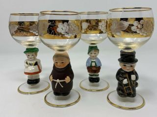 Vintage Goebel S/4 Wine Glasses Pottery Figures 24k Gold Friar Tuck Sweep