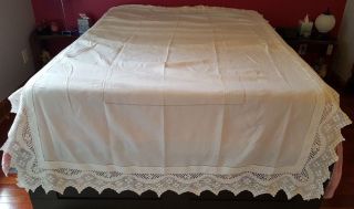 Gorgeous Vintage Linen And Hand Crochet Trim Banquet Size Tablecloth 68 " X100 "