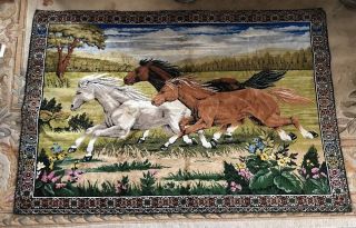 Vintage Large Rug Or Wall Hanging,  Three Running Mustang Wild Horses 49 X 72
