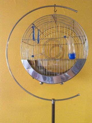 Vintage Art Deco Hendryx Mid Century Chrome Circle Bird Cage & Stand