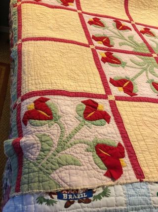 Vintage 1940’s Handmade Twin Full Size Quilt Tulips Shabby 3