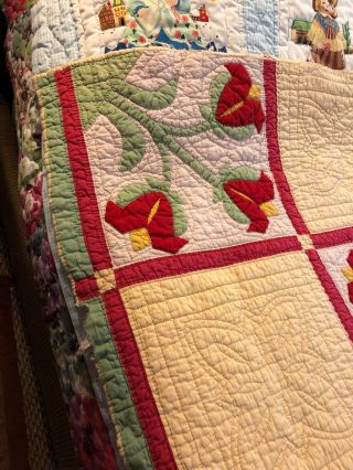 Vintage 1940’s Handmade Twin Full Size Quilt Tulips Shabby 4