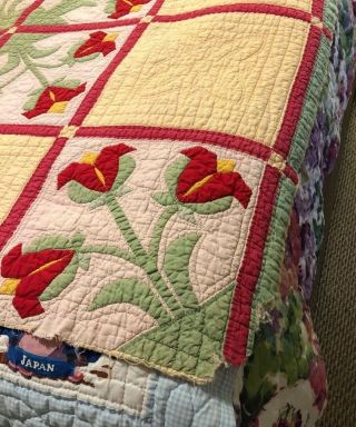 Vintage 1940’s Handmade Twin Full Size Quilt Tulips Shabby 5