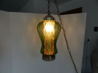 Vintage Mid Century Swag Lamp,  Olive Green Optic Glass Globe Ceiling Light