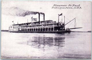 Dubuque,  Iowa Postcard " Steamer St.  Paul " Paddlewheel River Boat C1910s