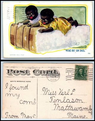 1909 Postcard - Black Americana 2 Children Laying Bale Of Cotton N30