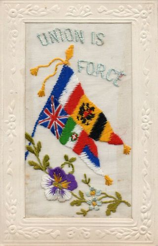 Union Is Force: Ww1 Patriotic Embroidered Silk Postcard