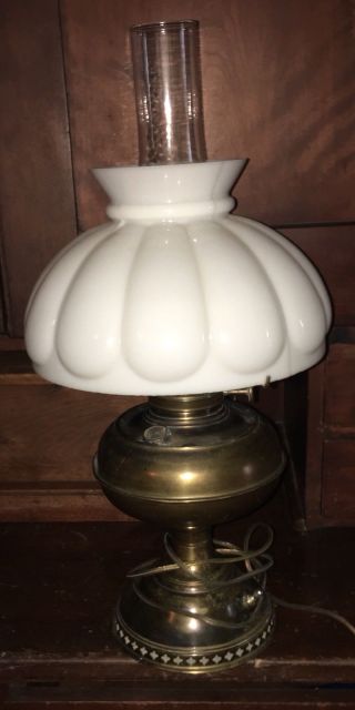 Antique Brass Bradley & Hubbard Table Lamp Milk Glass Melon Shade Blown Glass