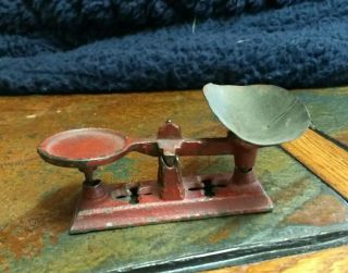 Vintage Miniature Cast Iron Balance Scale - - No Weights,  Red