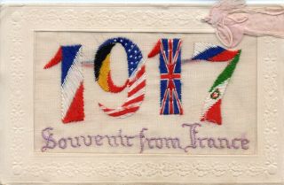 1917: Ww1 Patriotic Embroidered Silk Greetings Card
