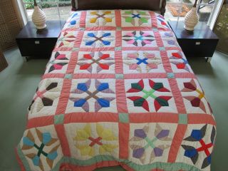 Vintage Hand Sewn,  A Bit Rustic,  All Cotton Four Tulips Quilt,  Size Queen; Good
