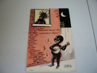 Vintage Antique Postcard Early Black Americana Comic " Music Hath Charm " Linen