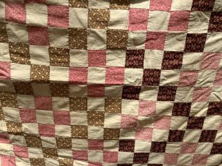 Vintage Hand Pieced Quilt Top Patchwork Pink & Brown Cover 2