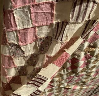 Vintage Hand Pieced Quilt Top Patchwork Pink & Brown Cover 6