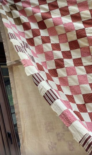 Vintage Hand Pieced Quilt Top Patchwork Pink & Brown Cover 8