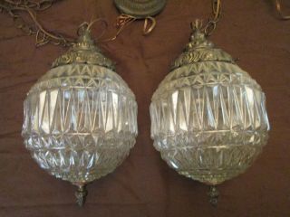 2 - Vintage Mid Century Cut Glass Hanging Swag Light Hollywood Regency Pair Rare