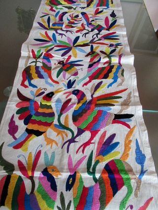 Vtg Mexican Otomi Embroidery Handmade Ethnic Mayan Art Table Runner 68 " X 18 "