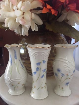 Lenox Set Of 3 Blue & Peach Wild Flowers Mini Bud Vases Gold - Rimmed